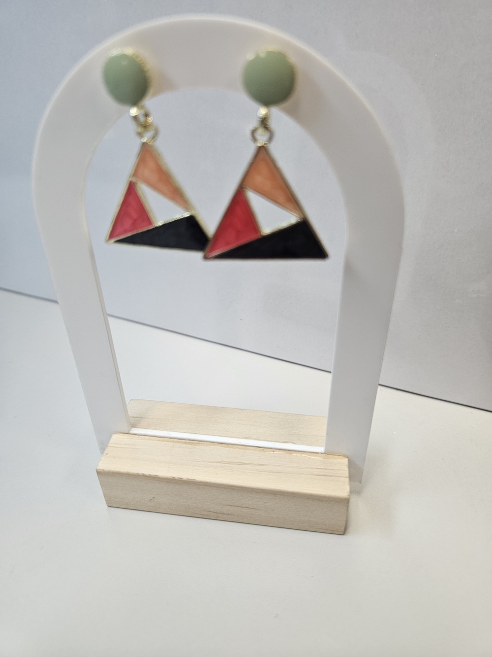 Color-Block Triangle Drop Earrings in Mint, Coral, Pink & Black